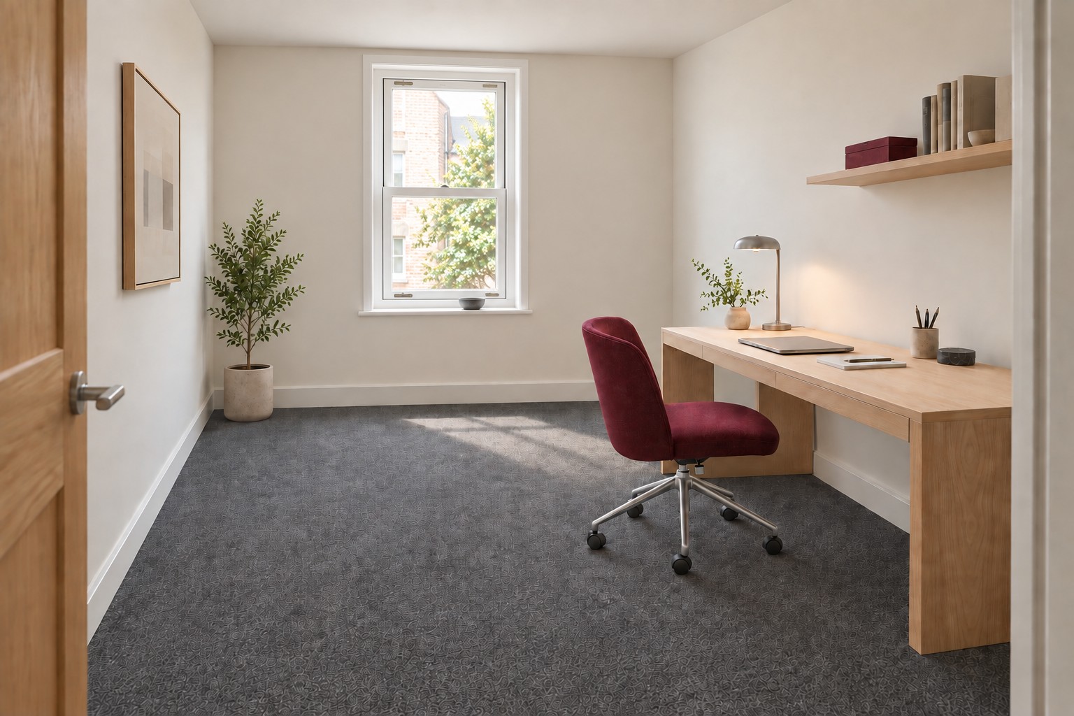 Indicative private workspace with a double-glazed sash window, warm off-white walls, charcoal carpet and brushed silver fittings